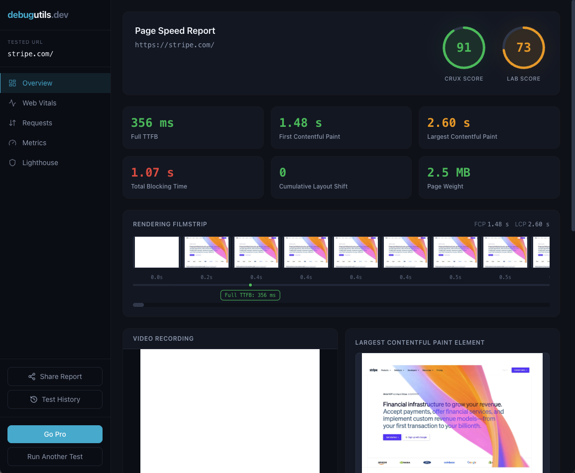 debugutils report showing Lighthouse score, Core Web Vitals, filmstrip timeline, video recording, and LCP element analysis